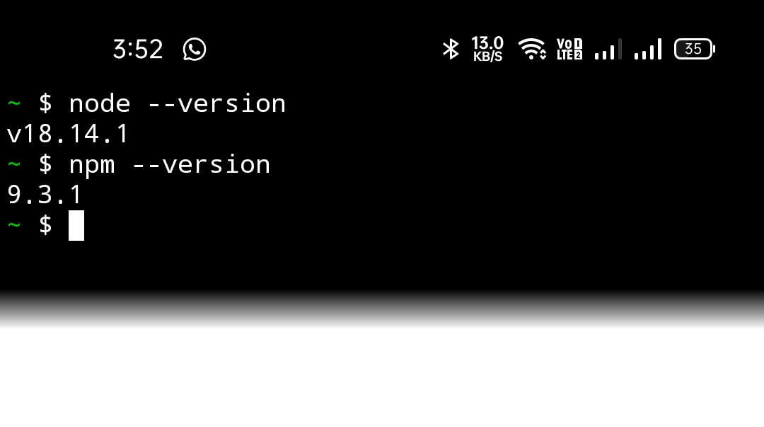 Android phone showing node and npm version on termux